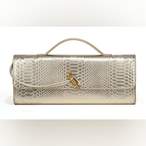 Lux Goldtone Python Embossed Convertible Clutch Cross Body NWOT - Picture 1 of 8